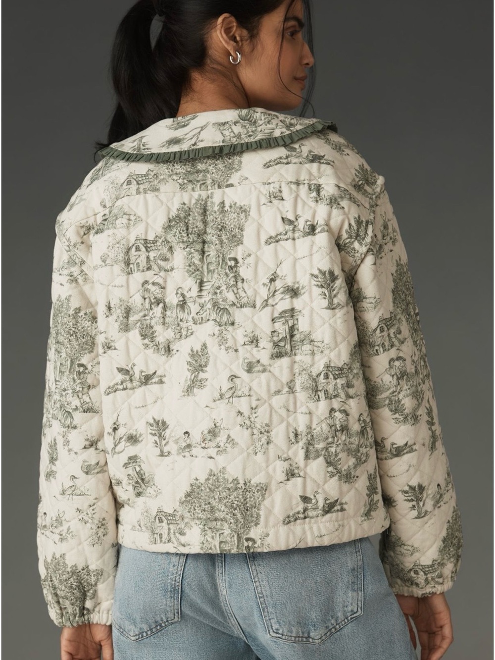 Anthropologie Quilted Toile Print Jacket with Green Trim - Picture 2 of 10